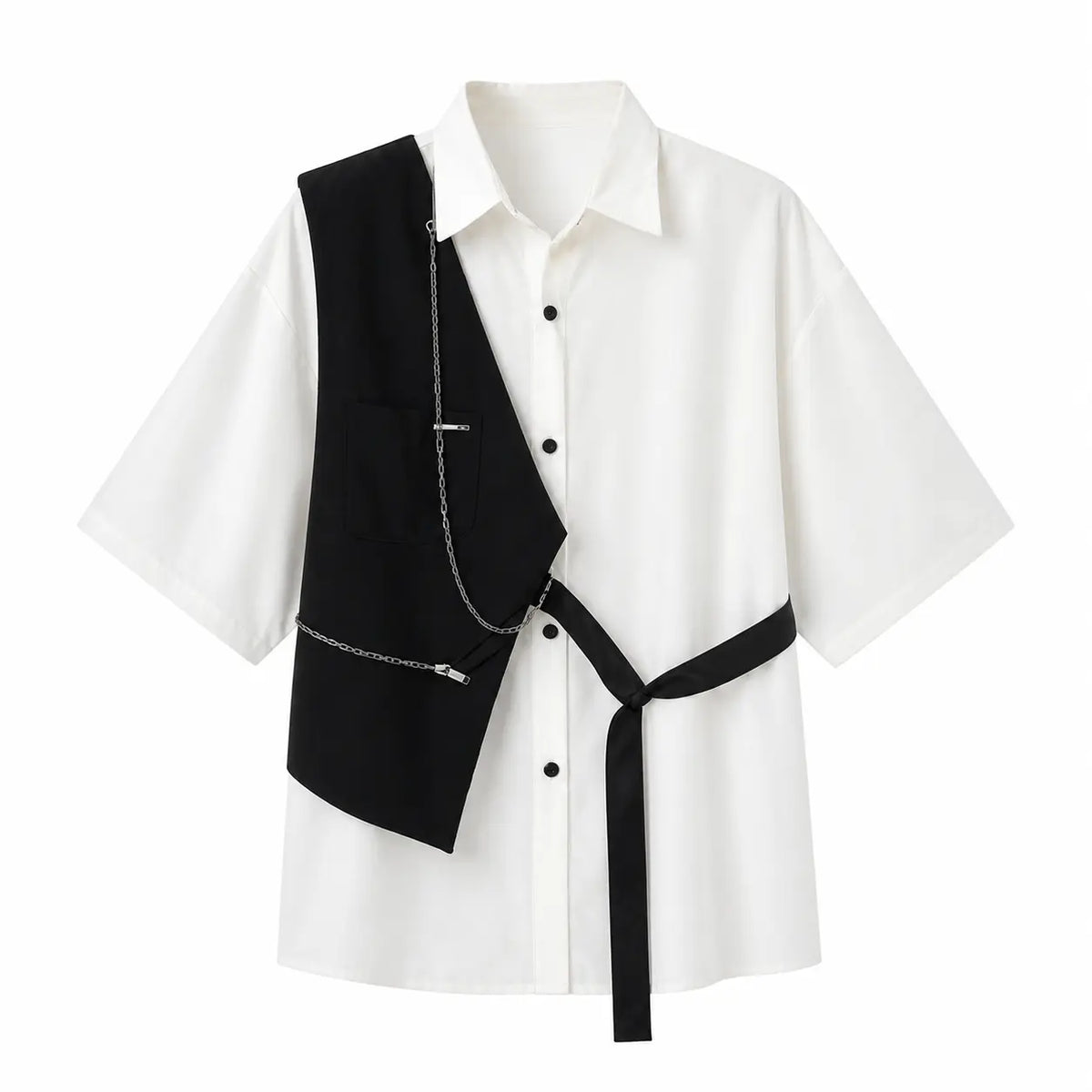 white contrast stitch short sleeve shirt for men with black vest and chain detail, front view