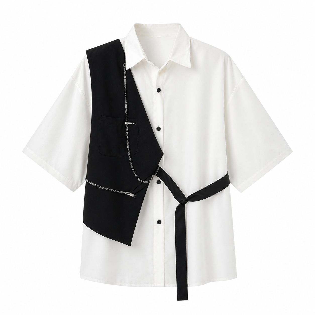 White shirt with black vest and tie on a white background