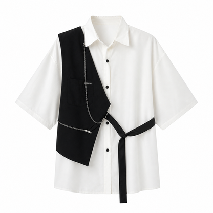 White shirt with black vest and tie on a white background