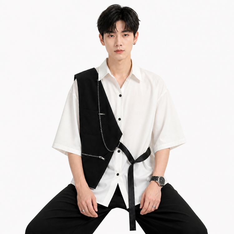Man wearing a white shirt with a black vest and pants on a white background