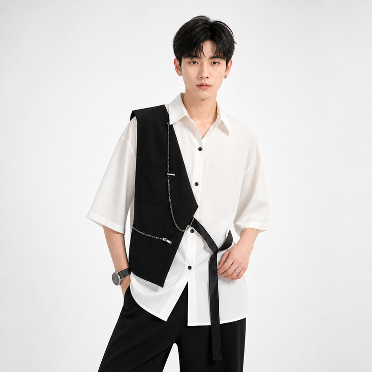 Person wearing a black and white outfit with a vest on a white background