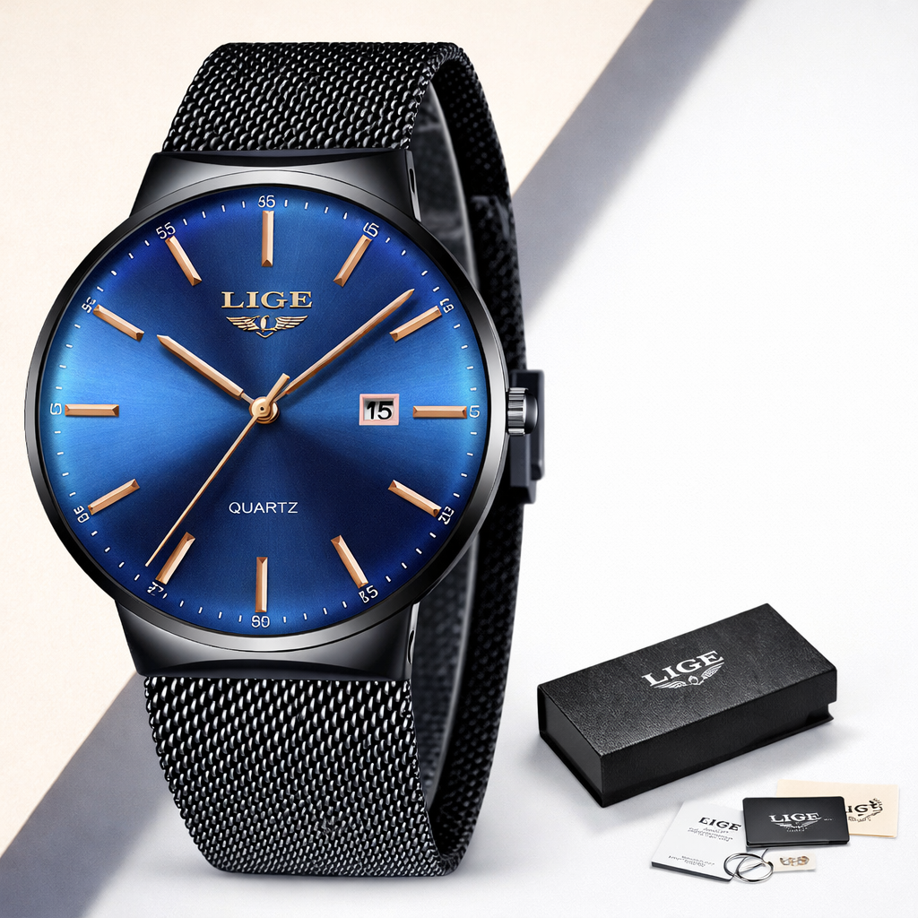 LIGE watch with blue dial and black mesh strap, accompanied by a box and strap remover on a light background.