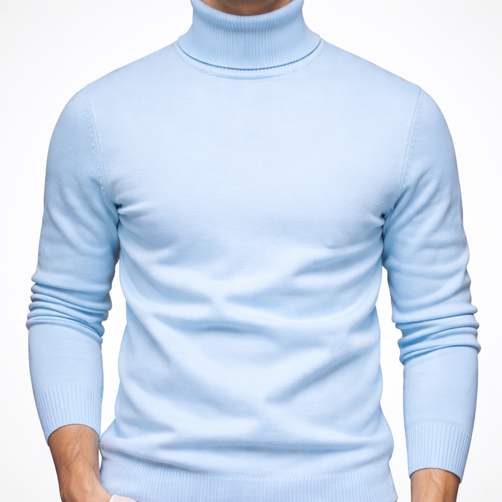 Light blue turtleneck sweater on a white background