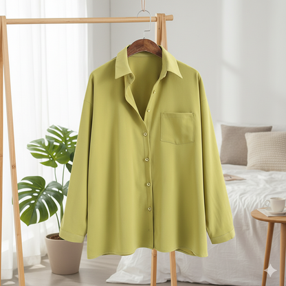 Light green shirt on a hanger in a room with a bed and plant