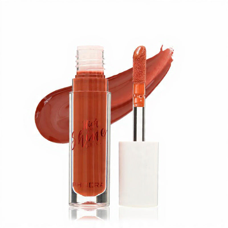 Lip gloss with applicator and swatch on a white background PUMPKIN - BRICK RED