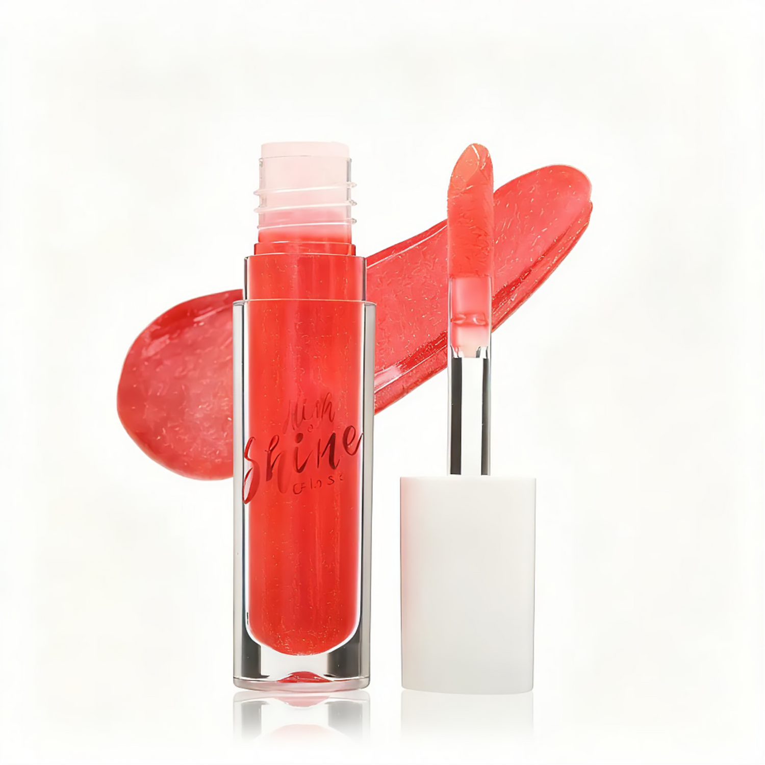 Lip gloss with applicator on a white background FLIRTY - CHERRY RED WITH PINK PEARL