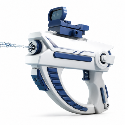 White and blue water gun with a nozzle on a white background