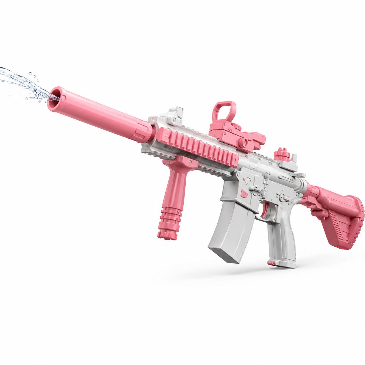 Pink and gray toy rifle with water coming out of the barrel on a white background