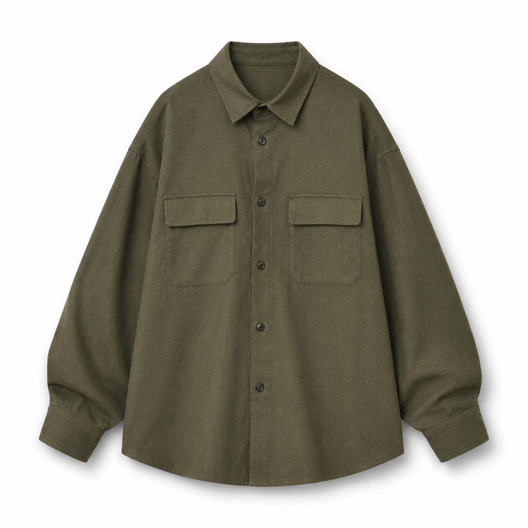 Green shirt with two front pockets on a white background