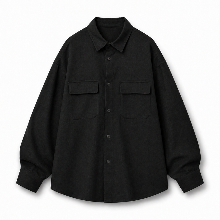 Black shirt with two front pockets on a white background