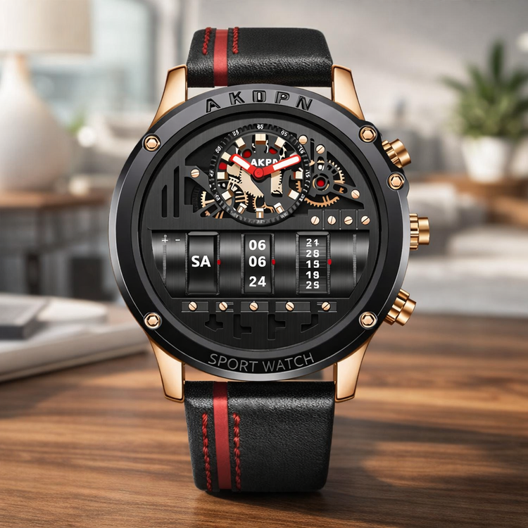 Luxury sport watch with black and red strap on a wooden surface