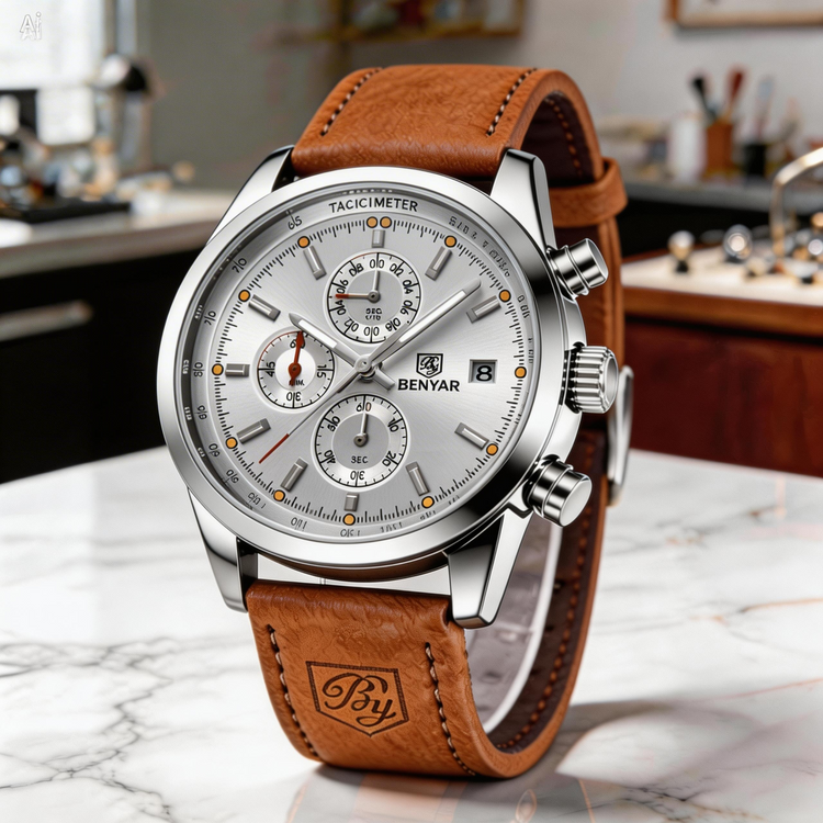 Luxury watch with black and rose gold design on a marble surface