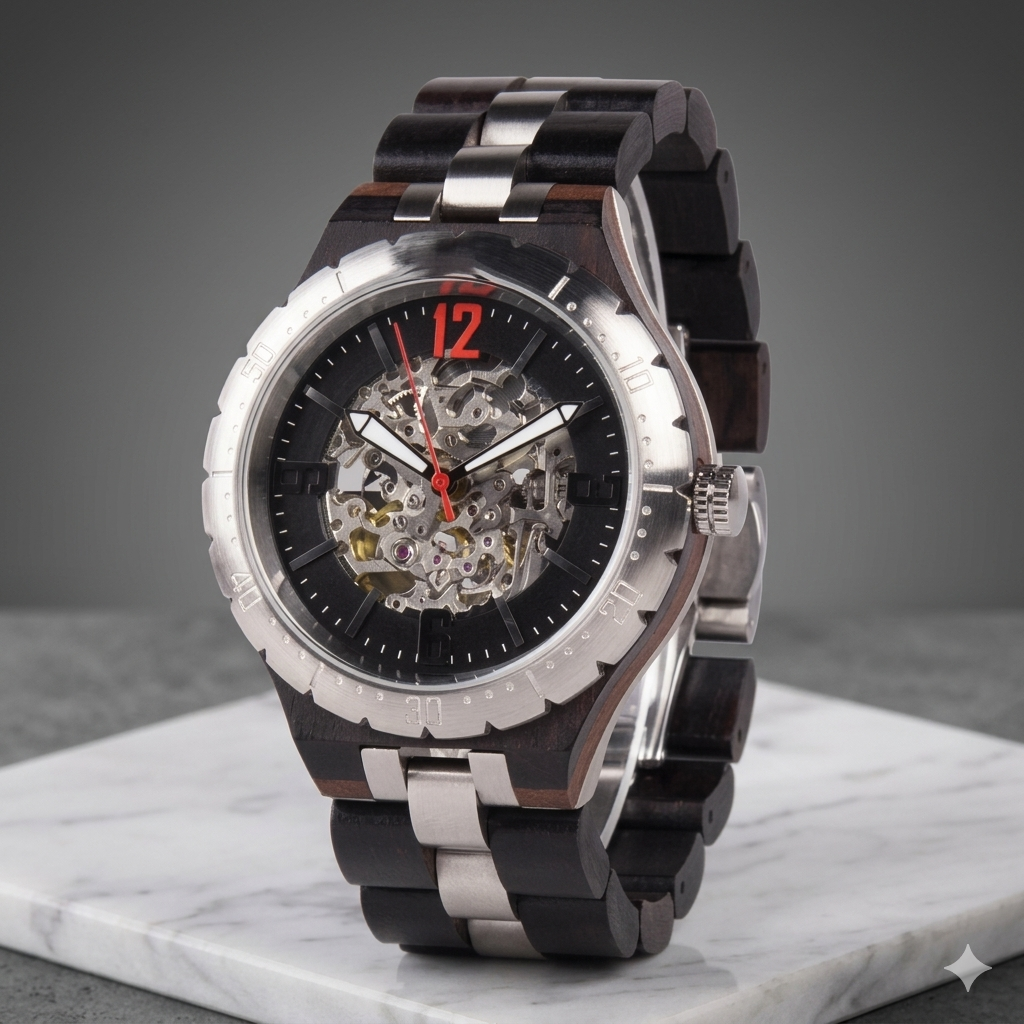 Luxury watch with black and silver band on a marble surface
