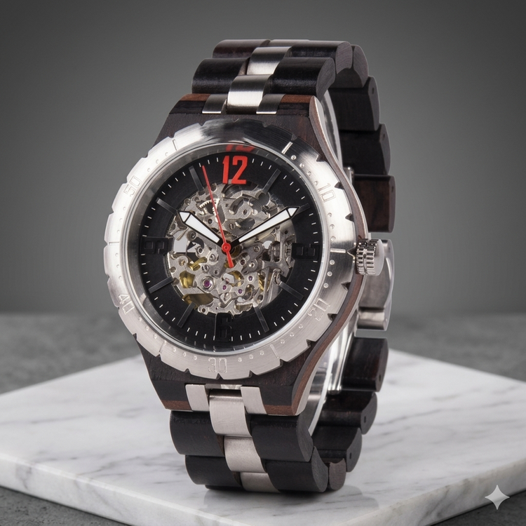 Luxury watch with black and silver band on a marble surface
