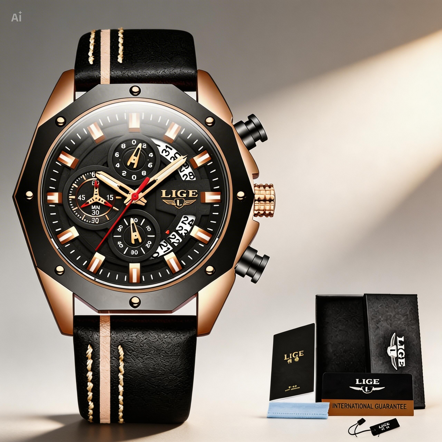 Luxury watch with black leather strap and rose gold accents, displayed with LIGE packaging.