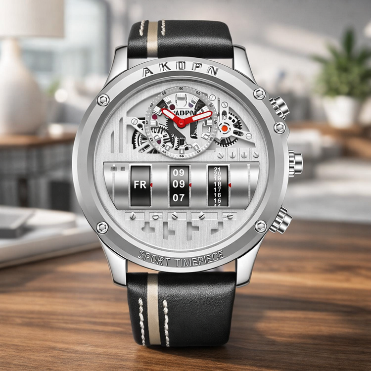 Luxury watch with black strap and silver case on a wooden surface