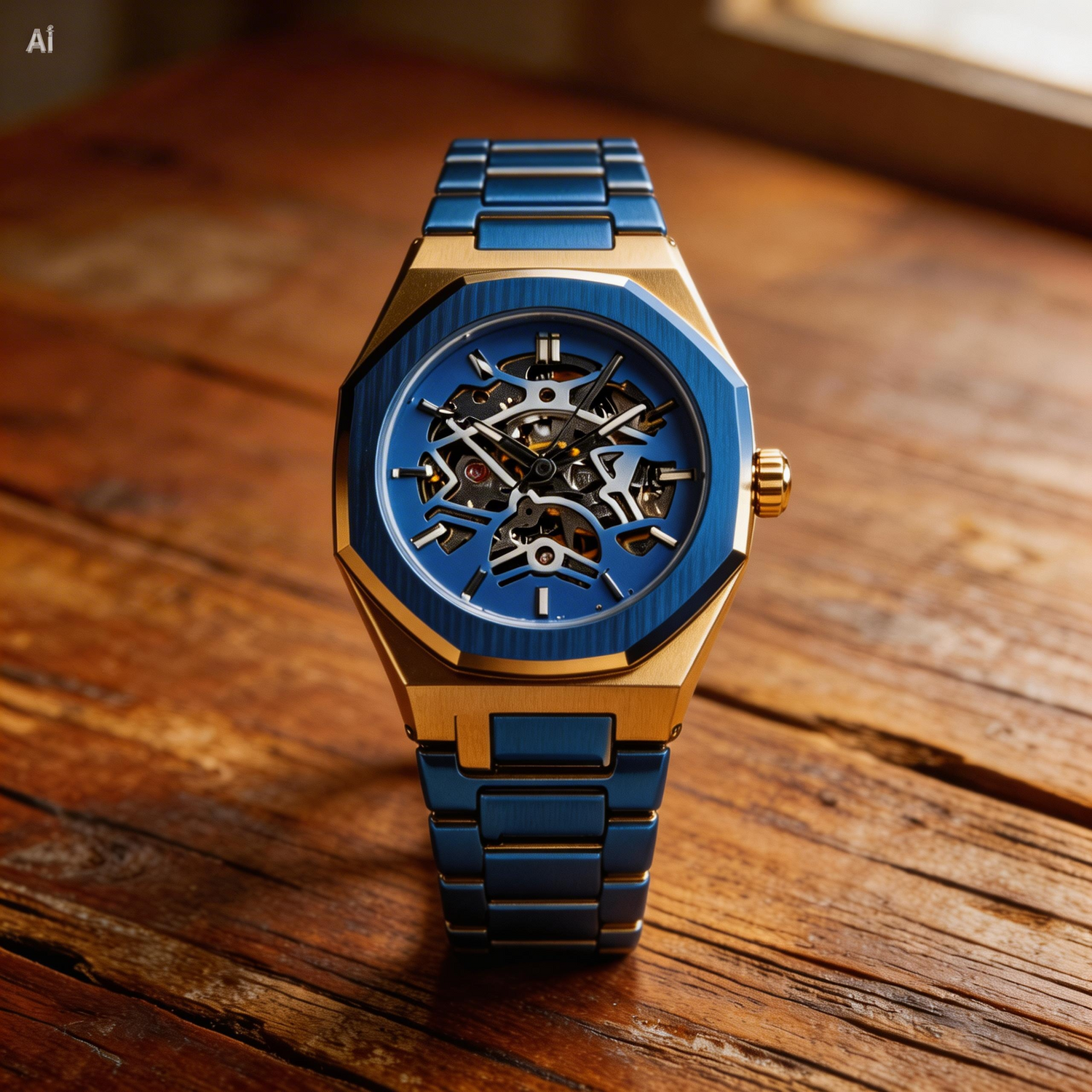 Luxury watch with blue and gold design on a wooden surface