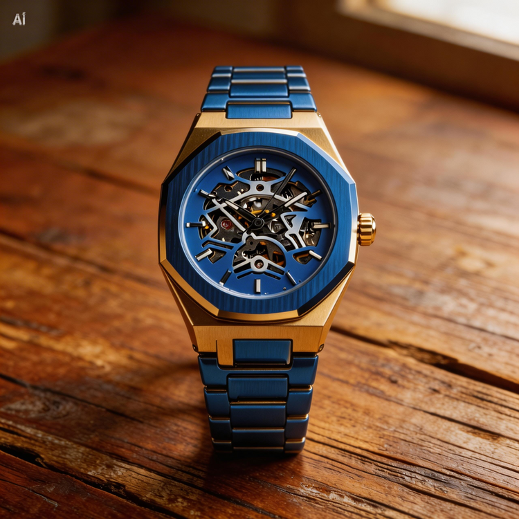 Luxury watch with blue and gold design on a wooden surface