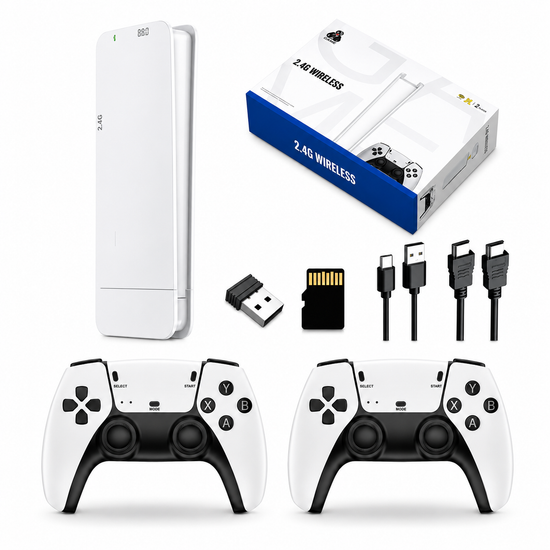 Gaming console with controllers, cables, and accessories on a white background
