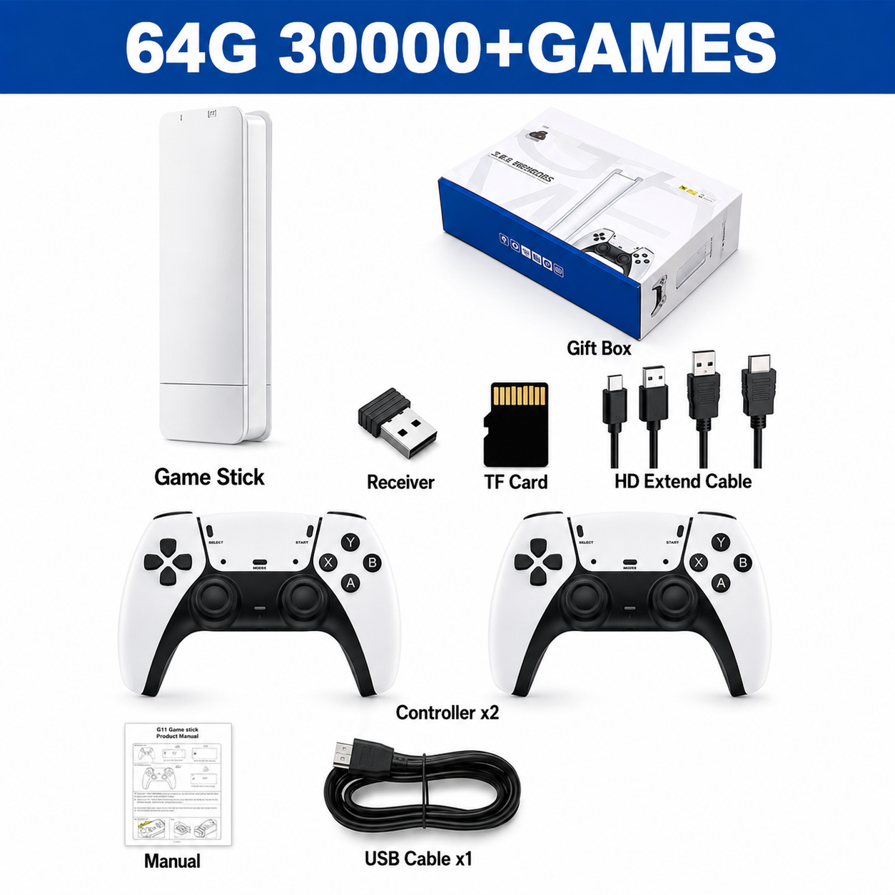 Gaming console set with game stick, controllers, and accessories on a white background