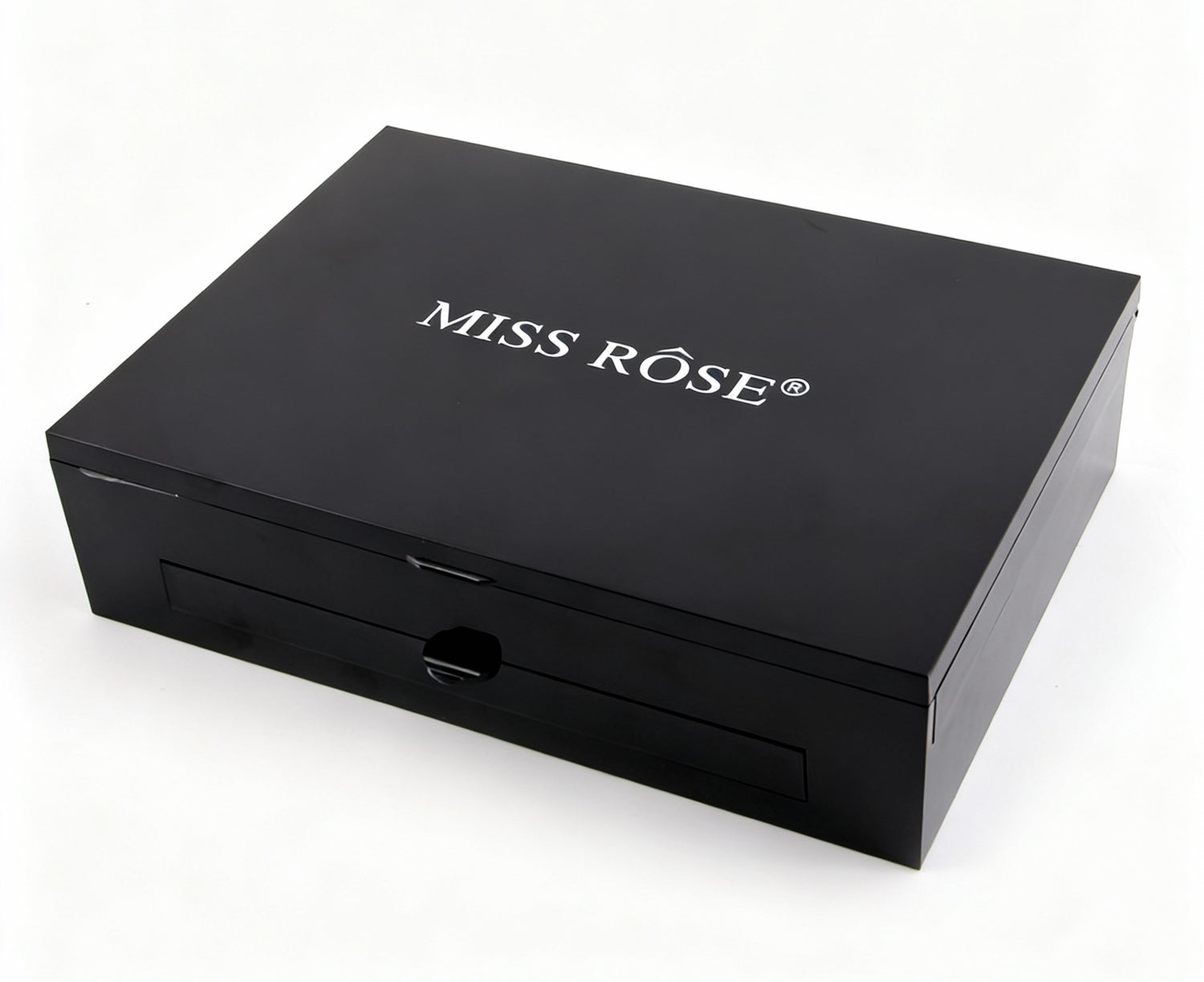 Blushes & Bronzers Face Makeup palette shown closed, featuring a sleek square black case with a matte finish and the “MISS RÔSE” logo centered on the lid.