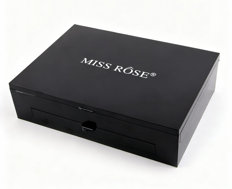 Blushes & Bronzers Face Makeup palette shown closed, featuring a sleek square black case with a matte finish and the “MISS RÔSE” logo centered on the lid.