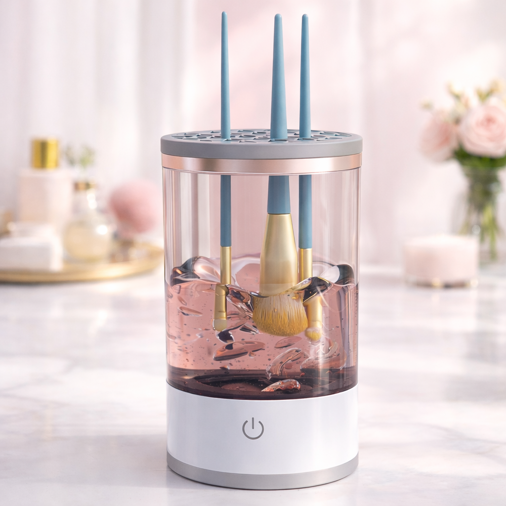 Makeup brush cleaner with brushes inside on a light surface