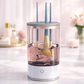 Makeup brush cleaner with brushes inside on a light surface