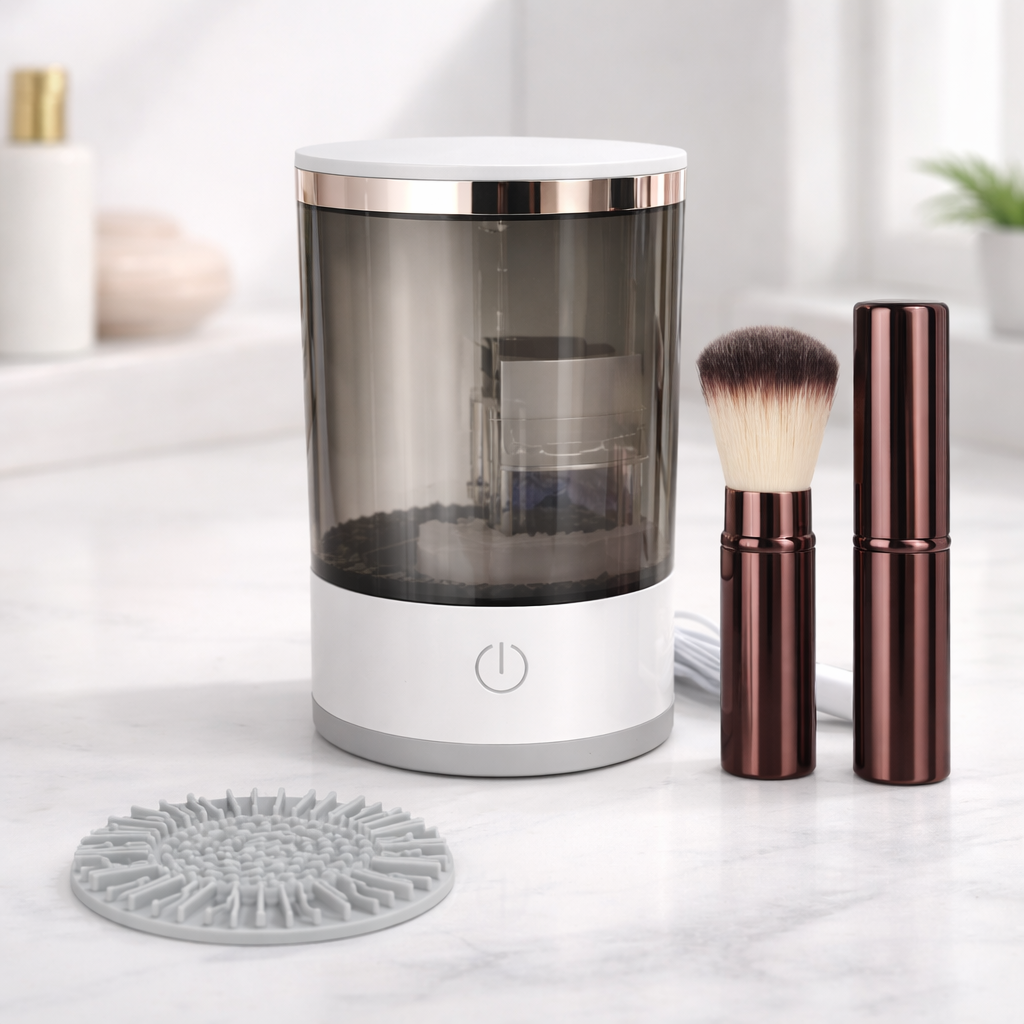 Makeup brush cleaner with brushes on a white surface