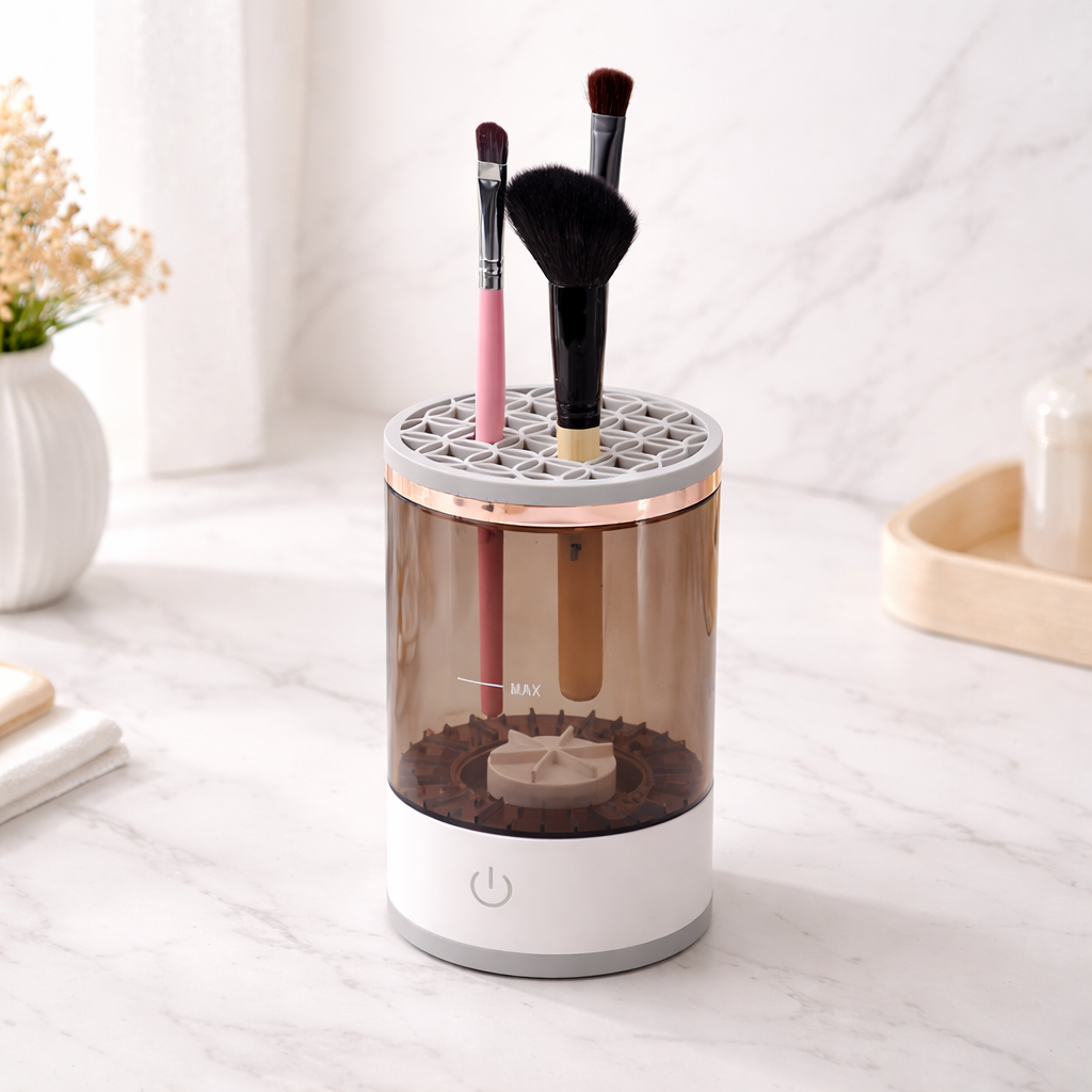 Makeup brush holder with brushes on a white surface