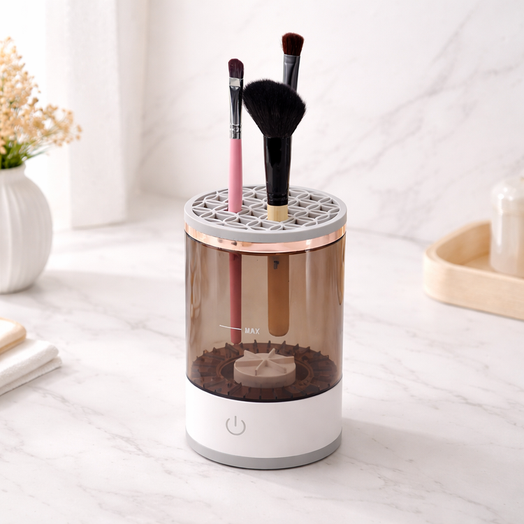 Makeup brush holder with brushes on a white surface
