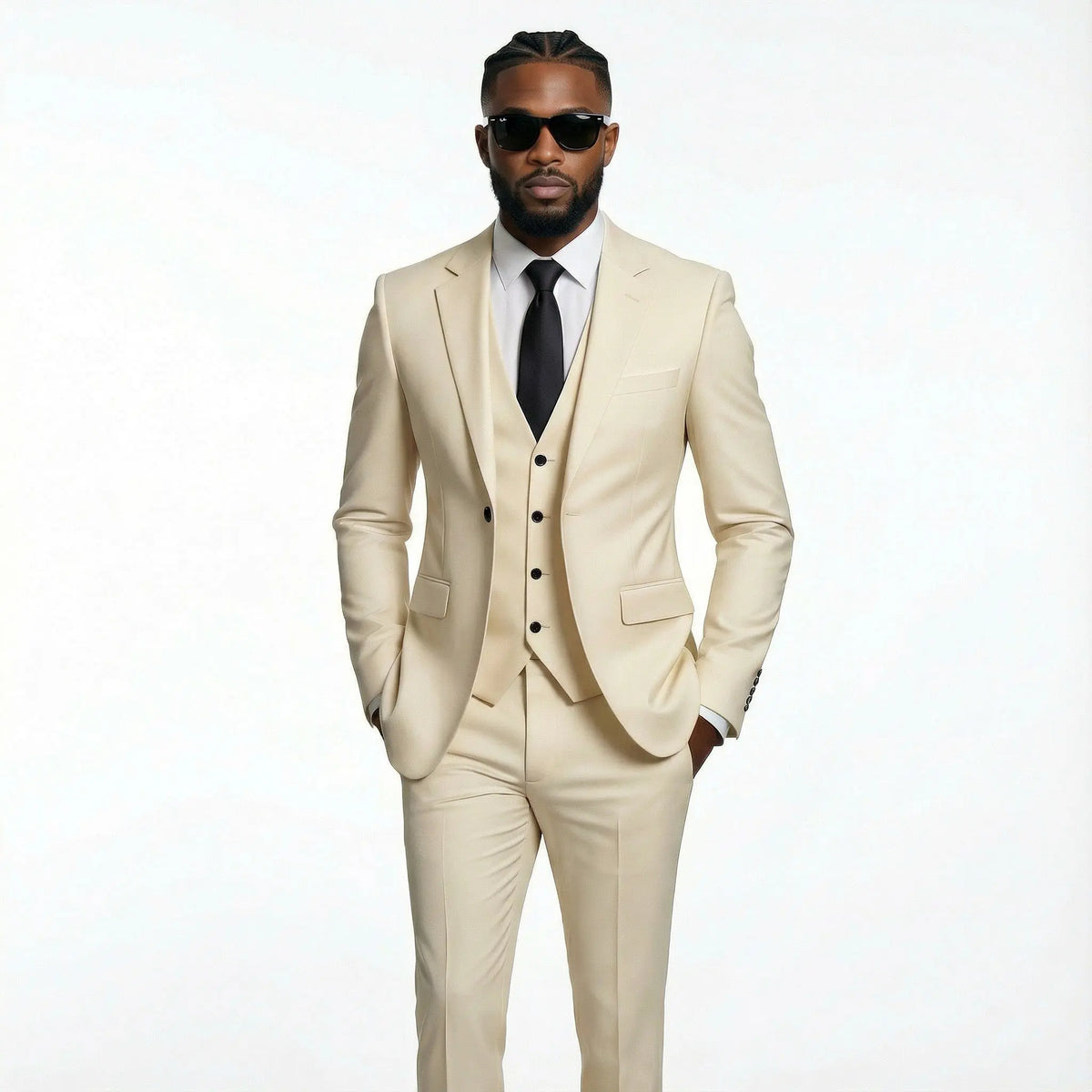 men's slim fit three-piece suit set in black and blue showing beige variant worn by model with sunglasses and white shirt