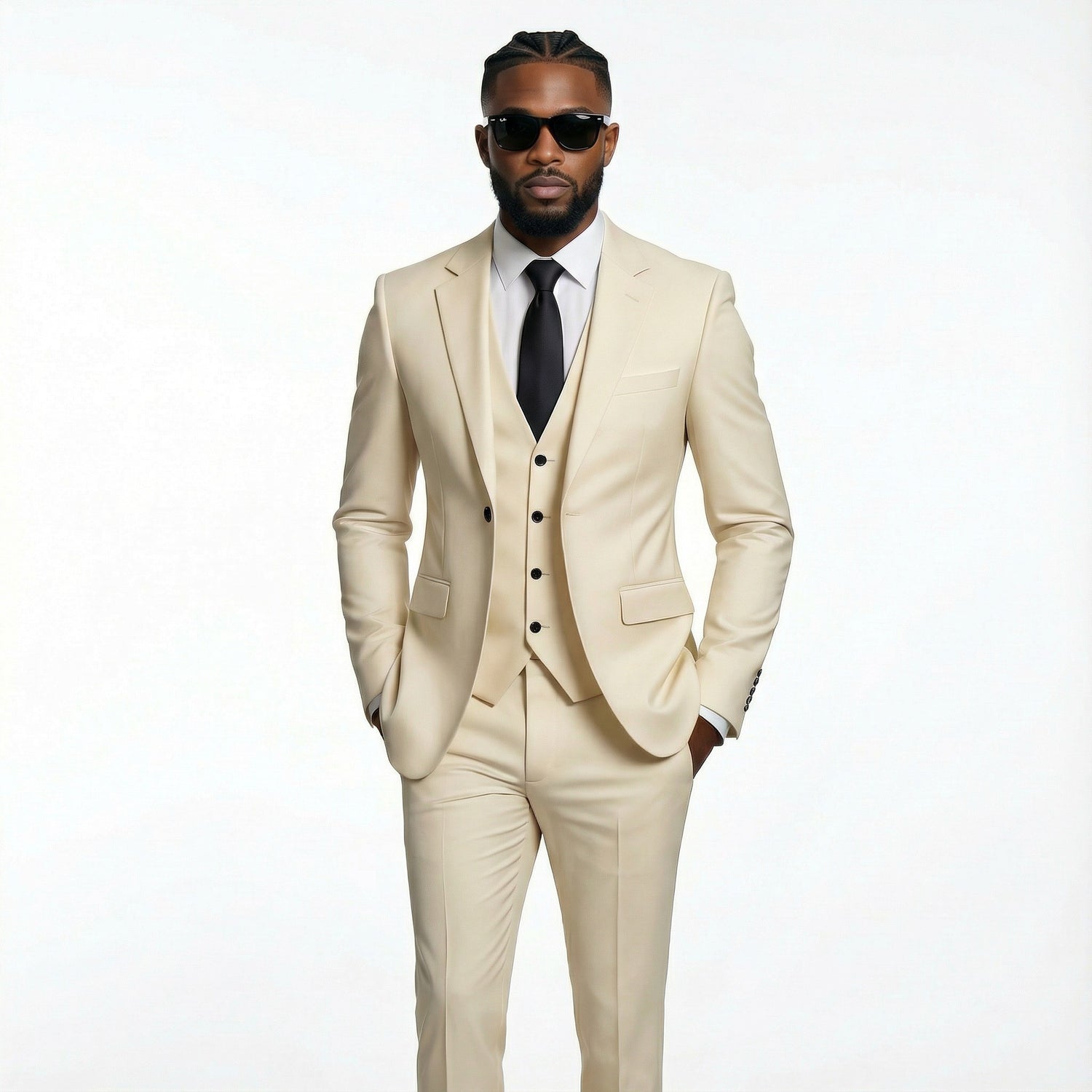 Man wearing a beige suit with sunglasses on a white background