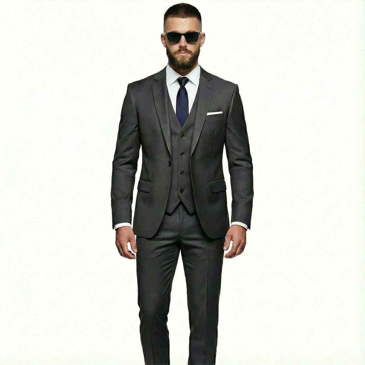 Man wearing a gray suit with sunglasses on a white background