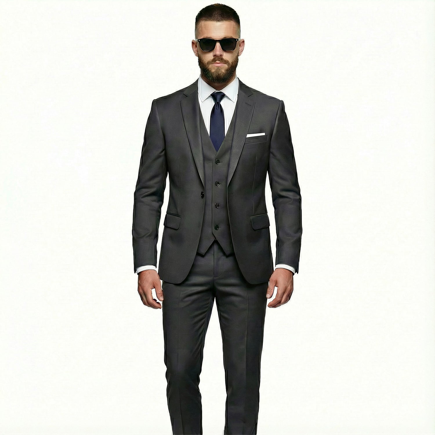 Man wearing a gray suit with sunglasses on a white background