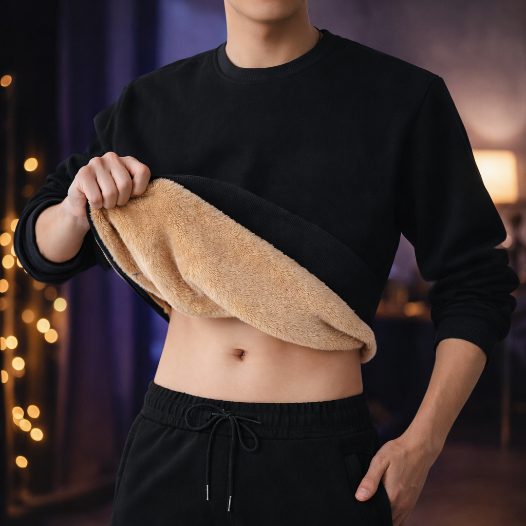 Male Model Using Black Fleece-Lined Men’s Winter Berber Sweater With Apricot Wool Inner Linings