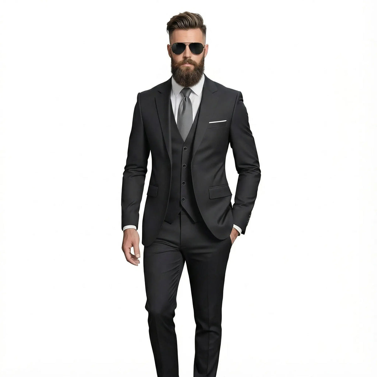 men's slim fit three-piece suit set in black and blue showing black variant worn by bearded model with sunglasses