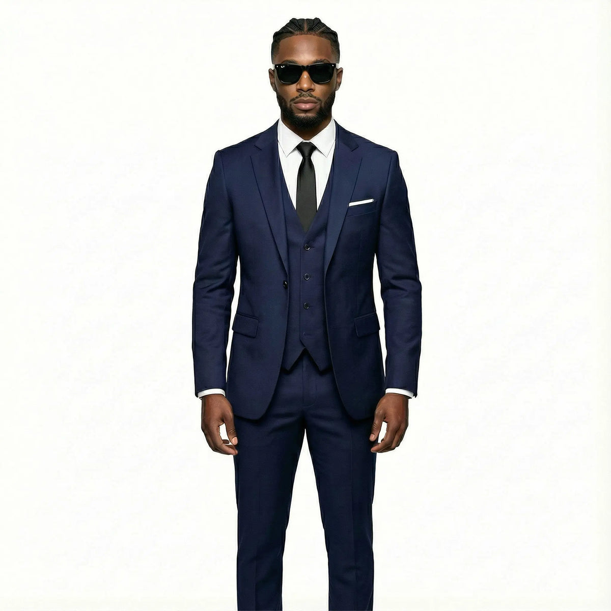 men's slim fit three-piece suit set in black and blue showing blue variant worn by model with sunglasses and white shirt