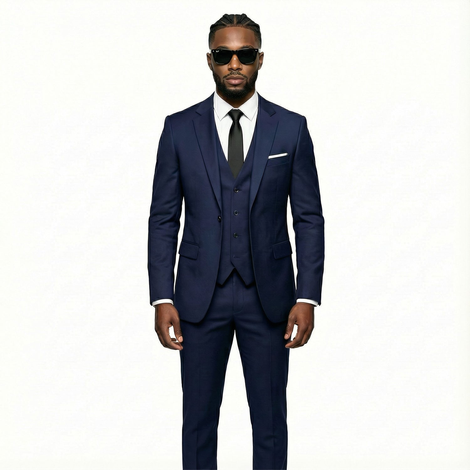 Man wearing a navy blue suit with sunglasses on a white background
