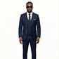 Man wearing a navy blue suit with sunglasses on a white background