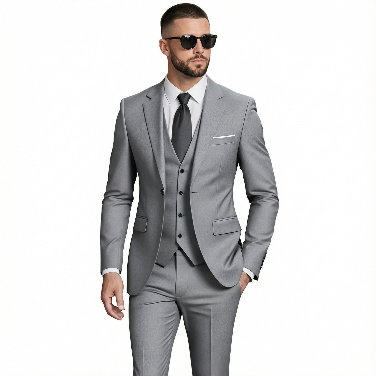 Man wearing a gray suit with sunglasses on a white background