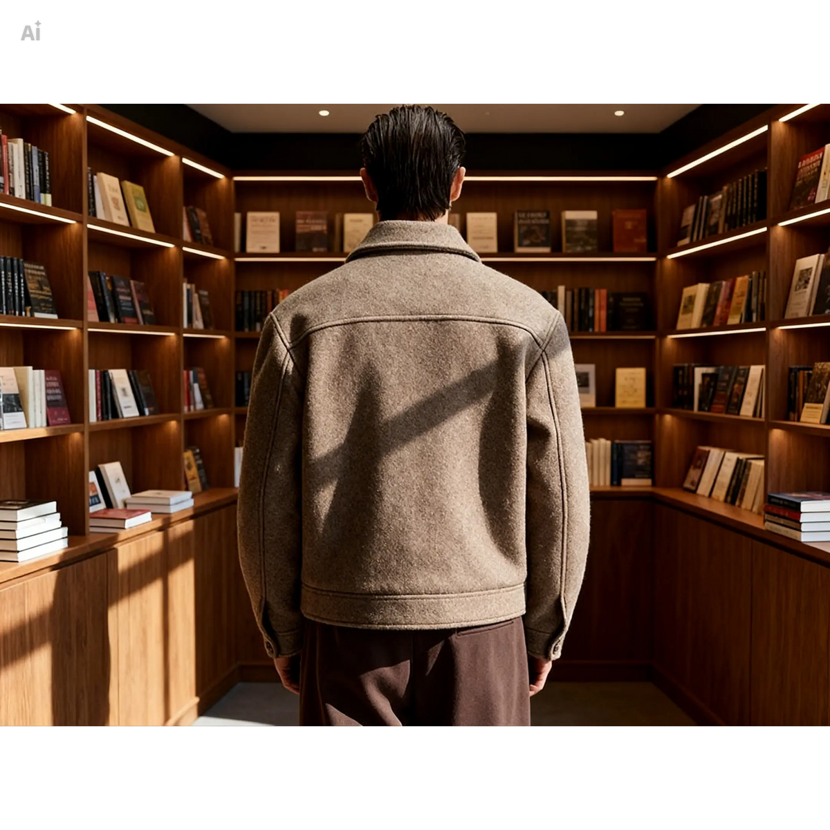 man wearing a brown wool jacket standing in front of bookshelves in a library