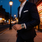 Man in a pinstripe suit with a watch on a city street at night