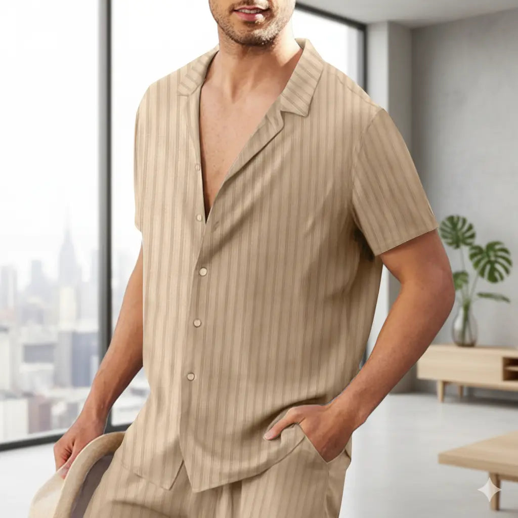 man in beige striped short-sleeve shirt holding hat and standing indoors near window
