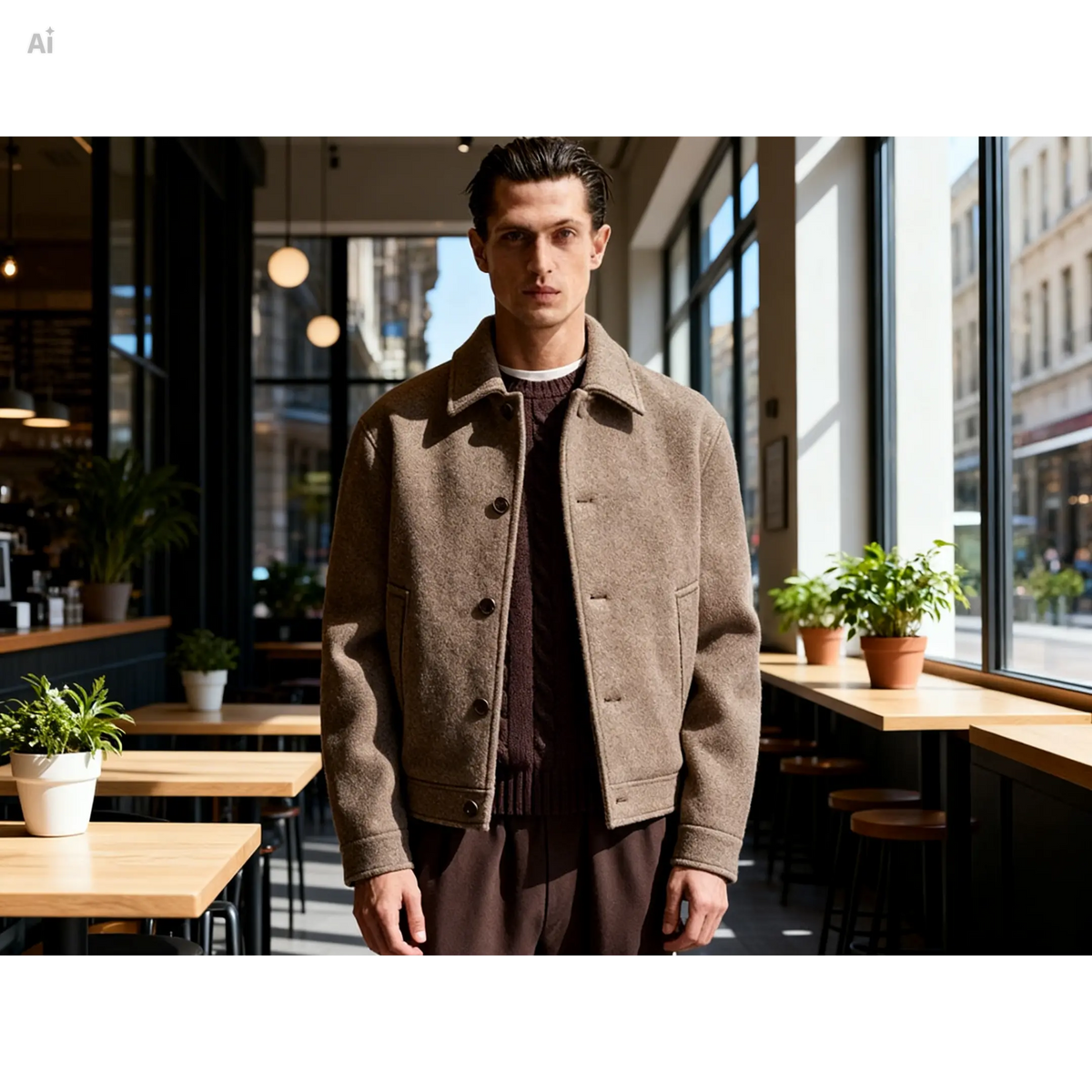 man in a brown wool jacket posing in a modern cafe with large windows and plants