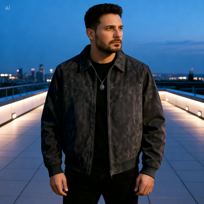 Man wearing a dark jacket on a rooftop at night with city lights in the background