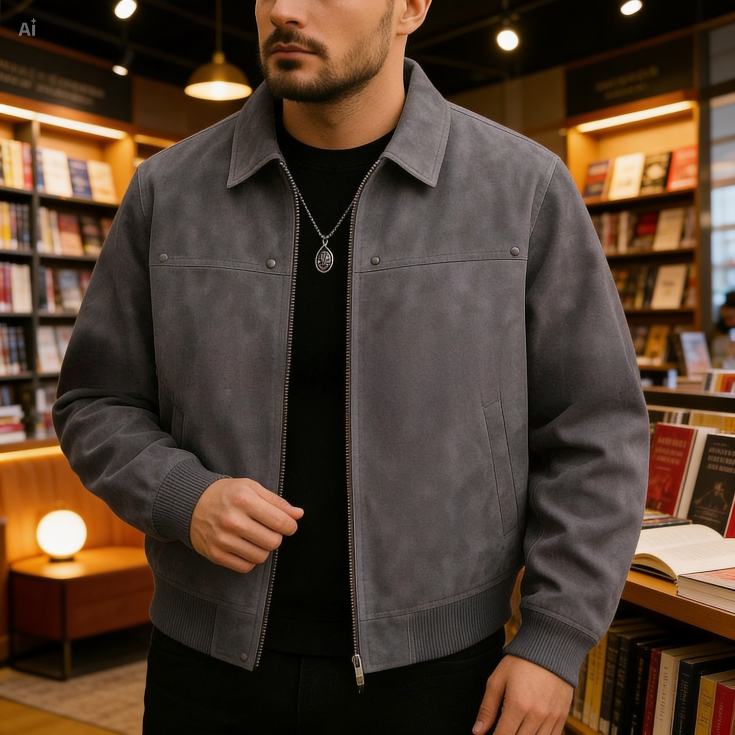 Man wearing a gray jacket in a bookstore setting