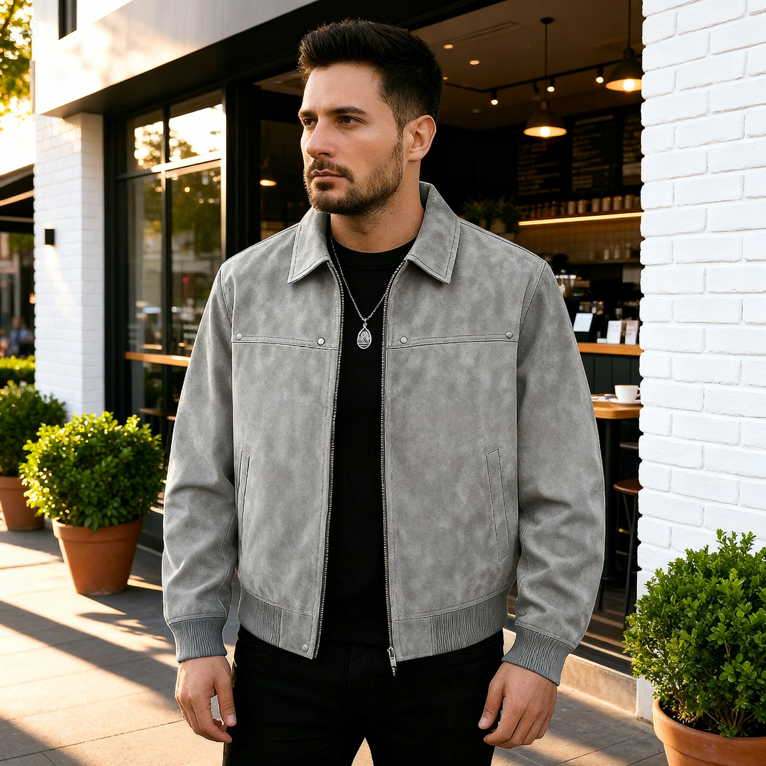 Man wearing a gray jacket standing outside a building with plants and tables in the background.