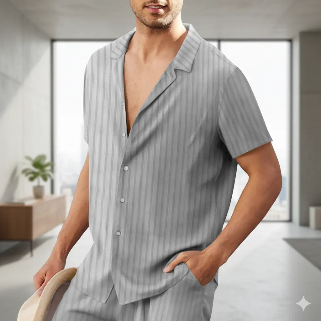 man wearing gray striped short-sleeve shirt with hand in pocket in modern room