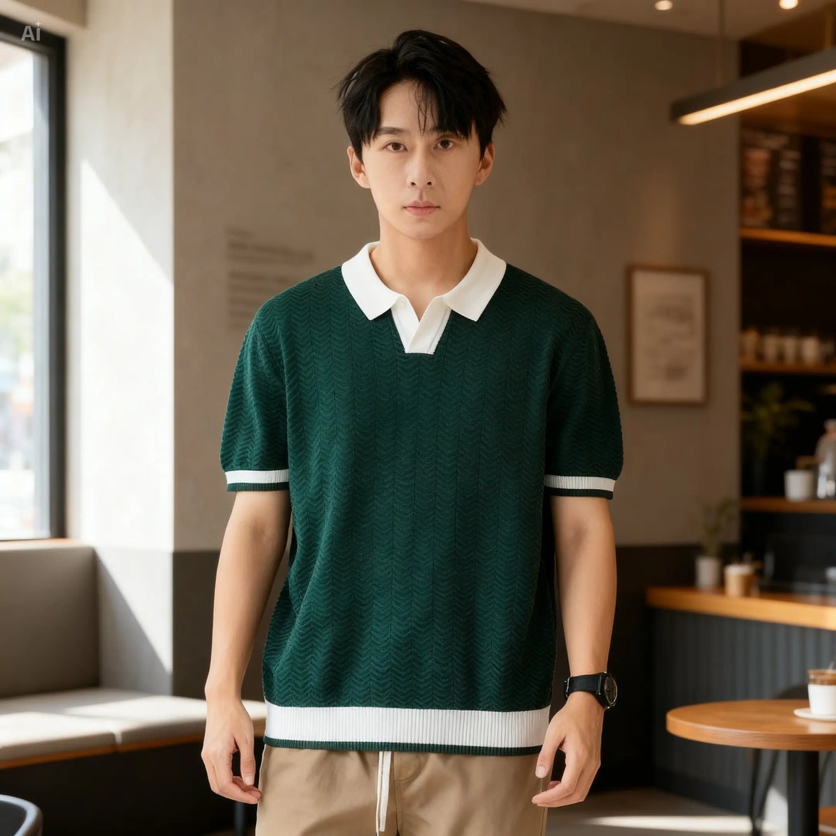 Man wearing a green sweater with white collar and trim in a casual setting